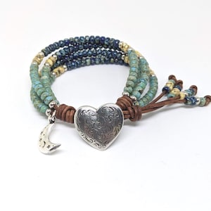 Boho Seed Bead Leather Wrap Bracelet: Turquoise, Silver Heart, New Style Heart Button, Mother's Day Gift