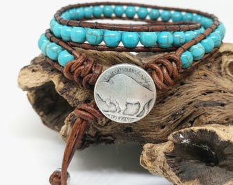 Native American Style Bracelet, Genuine Nickel Button, Western Jewelry, Turquoise Howlite Leather  Womens  or Mens Bracelet, Handmade Gift