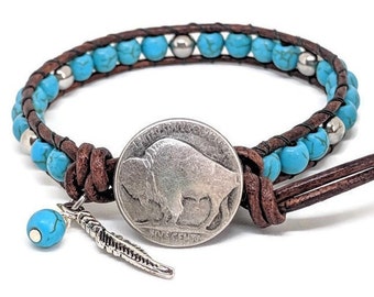 Southwestern, Turquoise Howlite Bracelet, Native American Inspired Jewelry, Single Wrap Unisex Bracelet, Handmade Gift