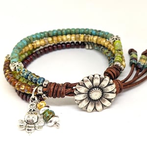 Daisy Seed Bead Leather Wrap Bracelet, Boho Jewelry, Women&#39;s Beaded Bracelet, Multi Strand Bracelet, Handmade Gifts For Her