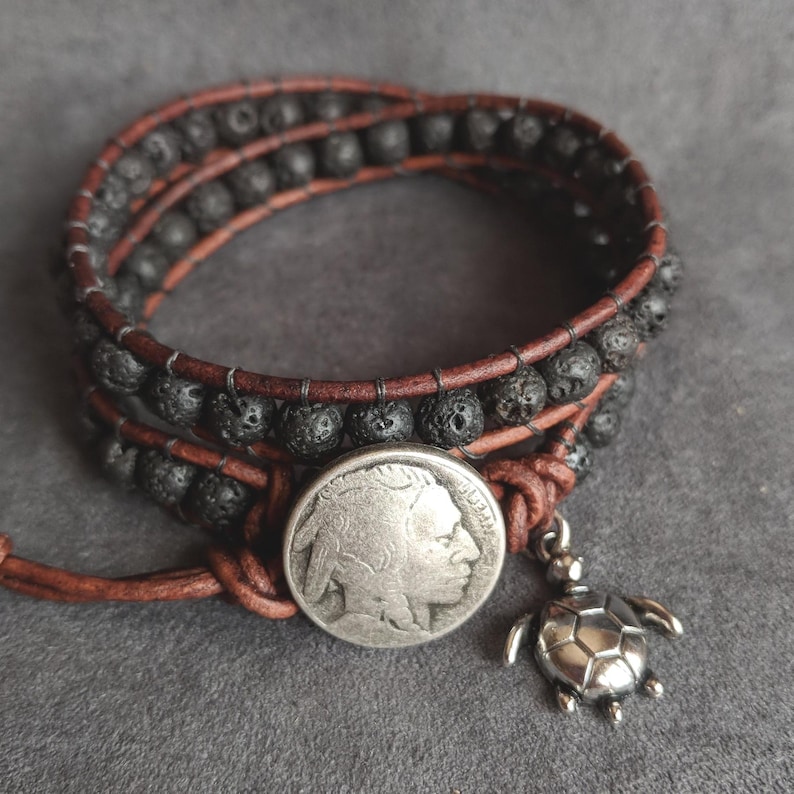 Lava Bead Bracelet, Native American Indian Style, Unisex Bracelet, Mens Leather Wrap Gift, Gift for Women immagine 1