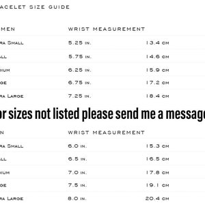 May include: A chart showing bracelet size guide for women and men. The chart lists wrist measurements in inches and centimeters for extra small, small, medium, large, and extra large sizes.