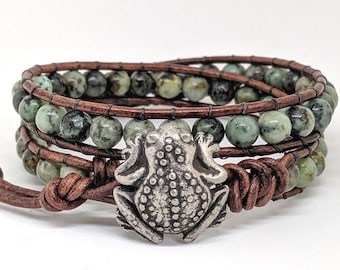 Pulsera de rana, regalo de rana, pulsera de cuentas boho, joyería para amantes de las ranas, pulsera de mujer, pulsera de cuero para hombre, regalos únicos hechos a mano.