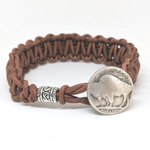 Men's Leather Cuff Bracelet, WIDE Band, GENUINE Buffalo Nickel Button Jewelry, Unisex Leather Macrame Bracelet ,Handmade Gift