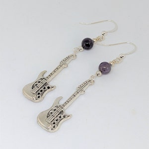 Guitar Earrings, Amethyst Beads, Electric Guitar Jewelry, Guitar Lover Gift, Unisex Earrings, Silver Plated Ear Wires