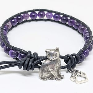 Cat Bracelet, Amethyst Gemstone, February Birthstone, Intuition, Balance, Wisdom Stone, Cat Lover Bracelet, Purple Gemstone Bead Bracelet