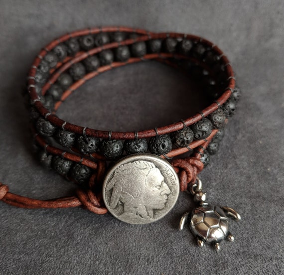Lava Bead Bracelet, Native American Indian Style, Unisex Bracelet, Mens Leather Wrap Gift, Gift for Women