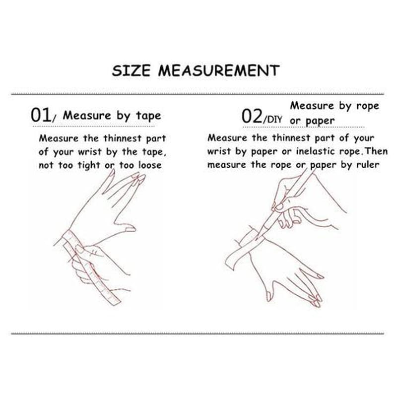 May include: Diagram showing two methods for measuring wrist size for bracelets. The first method uses a tape measure, the second uses a rope or paper. The text reads "Measure by tape" and "Measure by rope or paper".