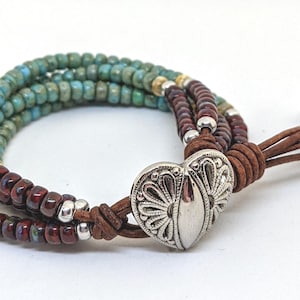 Beaded Wrap Bracelet, Seed Bead Leather Bracelet For Women,  Boho Jewelry, Multi Strand Wrap, Handmade Gift