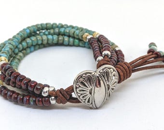 Beaded Wrap Bracelet, Seed Bead Leather Bracelet For Women,  Boho Jewelry, Multi Strand Wrap, Handmade Gift