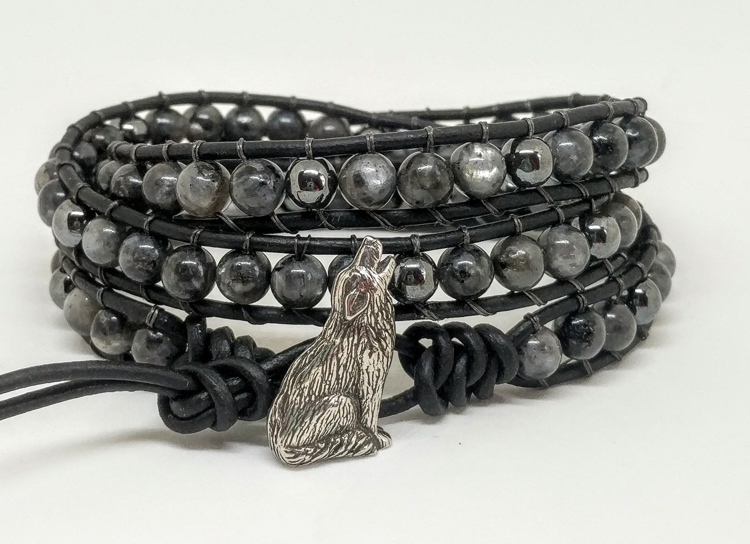 Wolf Bracelet, Howling Wolf Spirit Animal,  Gray Labradorite and Hematite Howling Wolf Bracelet, Mens, Womens Bracelet,Handmade Gift