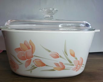 Corning Ware PEACH FLORAL 3 liter / 3 quart casserole and glass lid