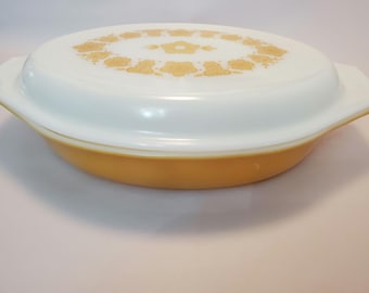 PYREX Butterfly Gold Divided Casserole # 063 with Lid 035 1 quart Free Ship