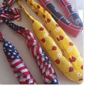 May include: An assortment of fabric dog toys in various patterns. Designs include the American flag, ladybugs on yellow, and a red and blue pattern with a logo. The toys are long and cylindrical, with a knotted end.