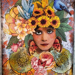 May include: Mixed media artwork featuring a woman's portrait adorned with sunflowers, feathers, and butterflies. A blue bird sits atop the head. The artwork incorporates floral elements and a collage style, with a textured background and a vintage aesthetic.