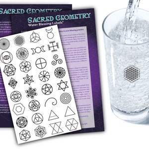 May include: A set of water blessing labels featuring sacred geometry symbols. The labels are printed on white paper and have black outlines. The symbols include the Flower of Life, the Tree of Life, the Seed of Life, and many more. The labels are designed to be placed on water bottles or glasses to infuse the water with positive energy.