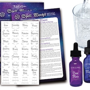 May include: A set of three glass bottles with labels for "Calling Soul Mate", "Attract Money", and "Change". The bottles are purple, blue, and clear. The labels are in a decorative script font. There is also a sheet of paper with a list of spell words and instructions for spell casting.