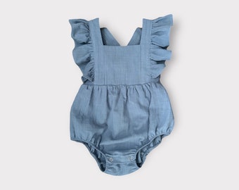Dusty Blue Linen Romper | Toddler Boho Romper | Baby Linen Outfit | Linen baby outfit | Baby Birthday Holiday blue Romper | boho