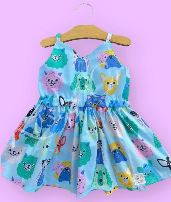 12 month blue dress Dog Baby Toddler Summer | puppy dog Dress | Dog Birthday Toddler Dress | Girl blue puppy Outfit and stretchy linings that
