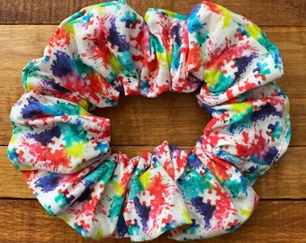 Autism Awareness Hair scrunchie | autism puzzle pieces rainbow Print fabric Hair tie | Fabric scrunchie | Hair accessory | gift scrunchie