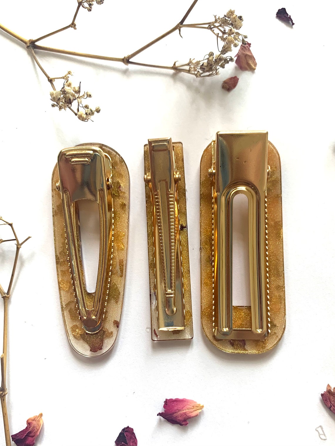 Rose petal and gold leaf hair clips gold hair slides Etsy