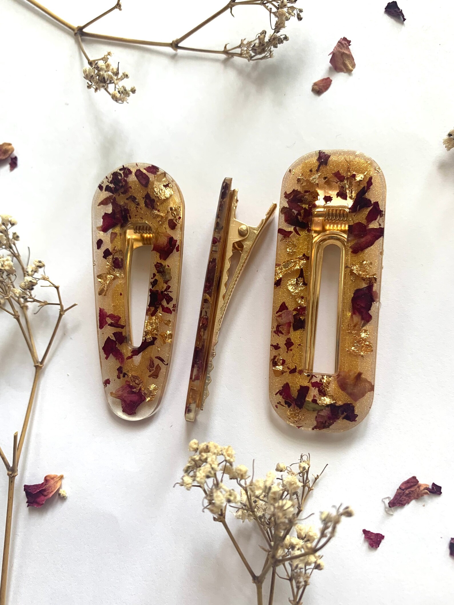 Rose petal and gold leaf hair clips gold hair slides Etsy