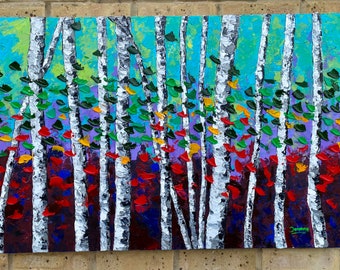 BIG Aspen tree palette knife painting, Colourful trees, Fall season, Autumn tree Original Acrylic art, Heavily Textured Painting on canvas