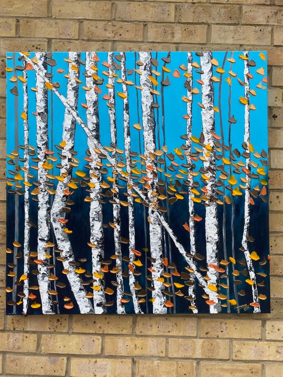 Aspen Tree Palette Knife Painting,birch Tree Canvas Wall Art