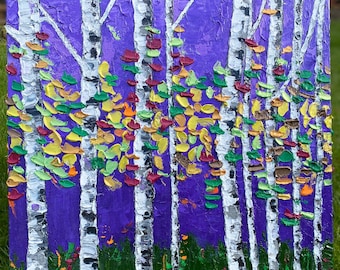 Aspen tree palette knife painting,Birch tree 3D wall art,Autumn tree Original Acrylic art, Metallic Heavily Textured Painting on canvas