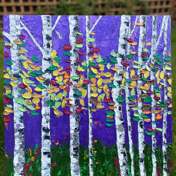 Aspen tree palette knife painting,Birch tree 3D wall art,Autumn tree Original Acrylic art, Metallic Heavily Textured Painting on canvas