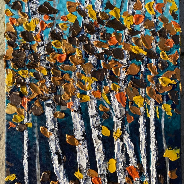 Aspen tree palette knife painting,birch tree 3D wall art,Autumn tree,Original Acrylic art, Metallic Heavily Textured Painting on canvas