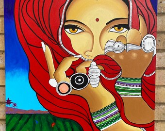 インドの細密画：鹿と女性、自然アート（10.5x13.5インチ） - Etsy 日本