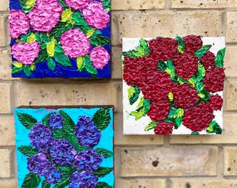 Hydrangeas painting Impasto purple/red/Pink Flowers Canvas Wall Décor, Floral Painting, Abstract Interior Art, Palette knife art