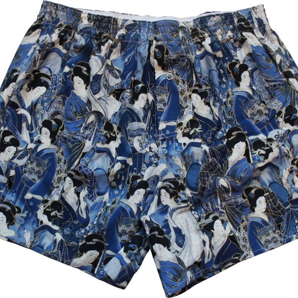 Boxershorts Ushioda - Handmade, Cotton, Japanese/ Geisha Print, Blue, MAKONIA