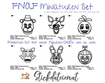 Stickdatei FNAF Miniaturen Set, Stickdatei 6cm, digitale Stickvorlage, Sofortdownload, Five Nights at Freddy's Stickdatei, Maschinensticken