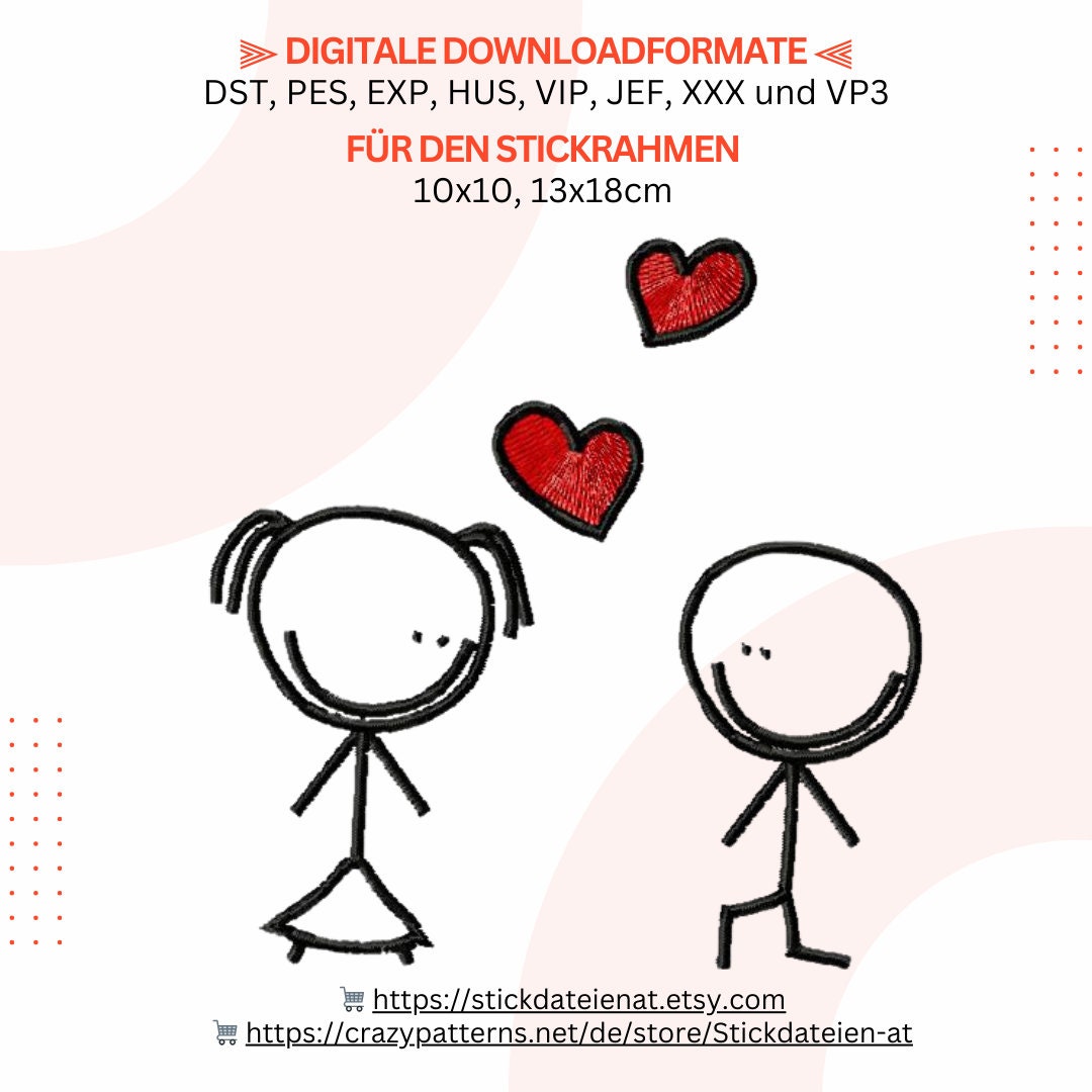 Stick Figures in Love Embroidery File, Love Embroidery Pattern 10x10