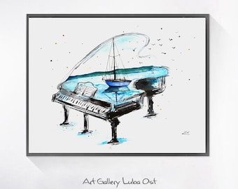 Piano art with sailboat - Print of My Original Painting - Musical Instrument - Watercolor Piano art - Nursery - Music lovers - Piano print