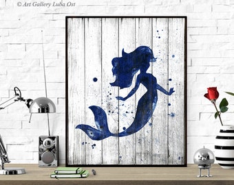 Mermaid Navy Blue Art Print - Disney watercolor print with Wood effect - Disney poster - Disney art - Nursery Decor - The little Mermaid