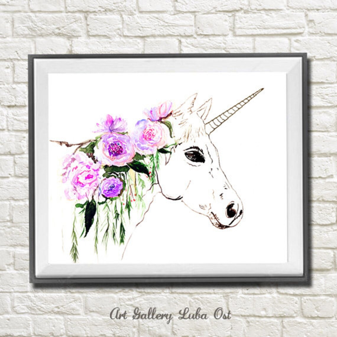 Unicorn Watercolor Painting Print Unicorn and Flowers Art Etsy