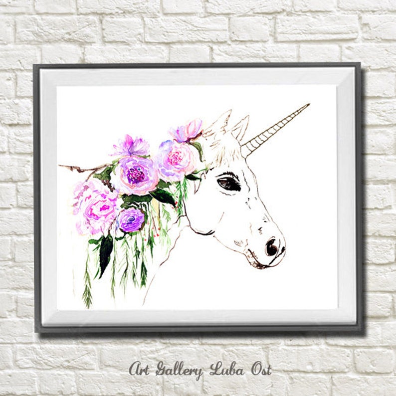 unicorn watercolor painting print unicorn and flowers art