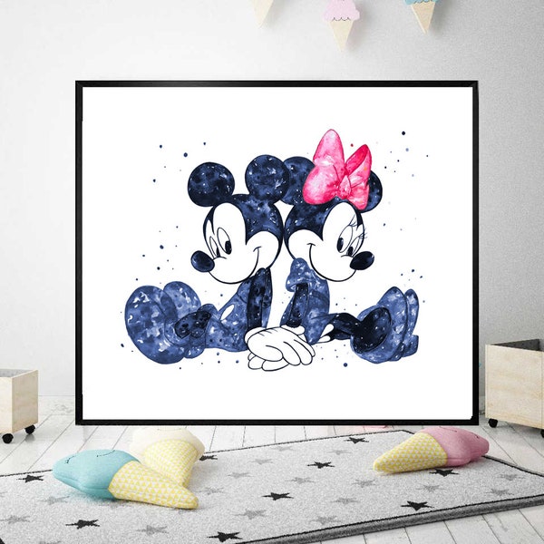 Mickey and Minnie Mouse Navy Blue Print - Mickey and Minnie Mouse Art - Art Gift - Disney Poster - Kids Wall Art - Minnie with Pink bow art