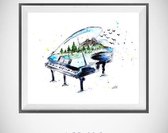 Watercolor Piano with nature - Print of My Original Painting - Musical Instrument - Watercolor Piano - Nursery art - Wall Art - Art Print