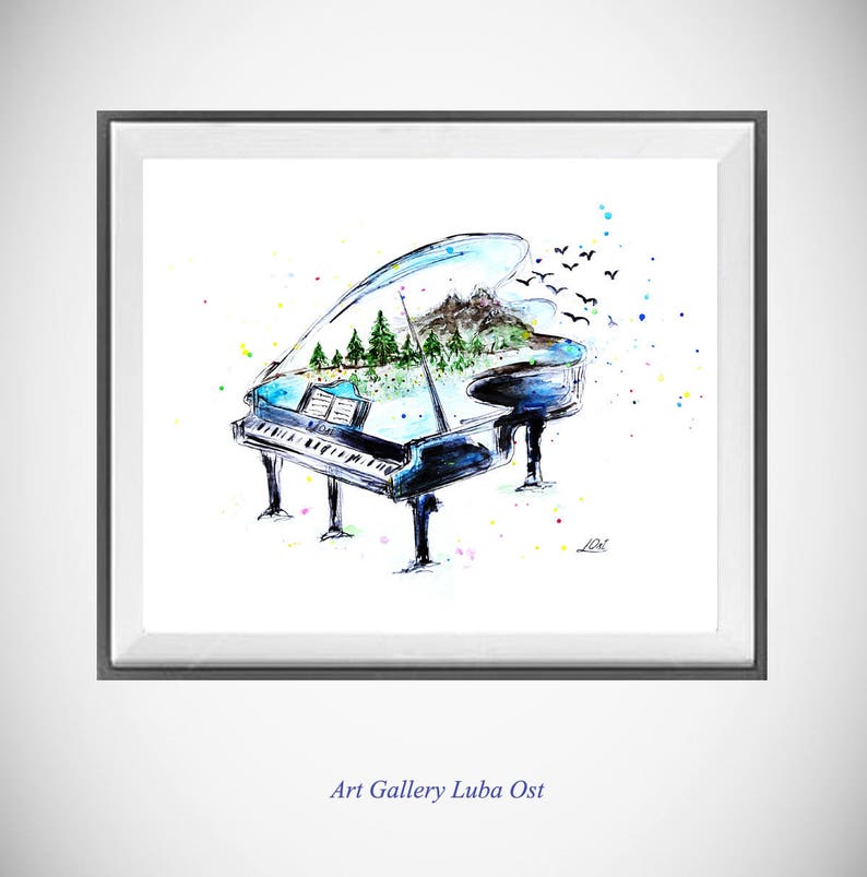 Watercolor Piano with nature Watercolor Piano Nursery art Art Print Musical Instrument Print of My Original Painting Wall Art