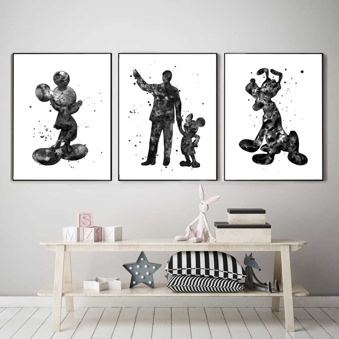 Disney Set Black and White Art Print Disney Watercolor Print Pluto Art ...