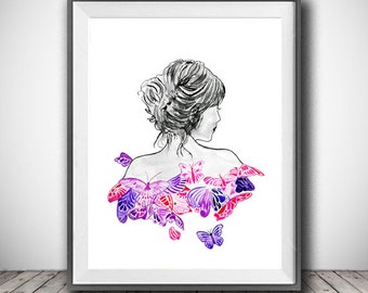 Girl art print - Lady and Butterfly Art - Art print - Fashion illustration - Black and white art print - Nursery Wall Decor - Girl Art