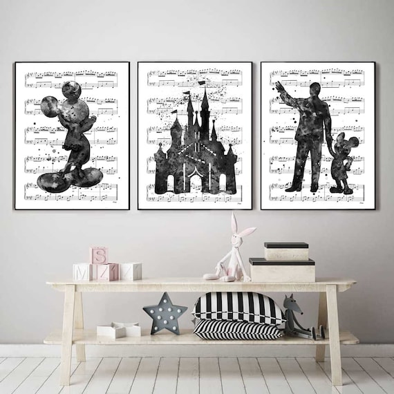 Disney Set Black and White Art Prints Disney Watercolor Prints on 
