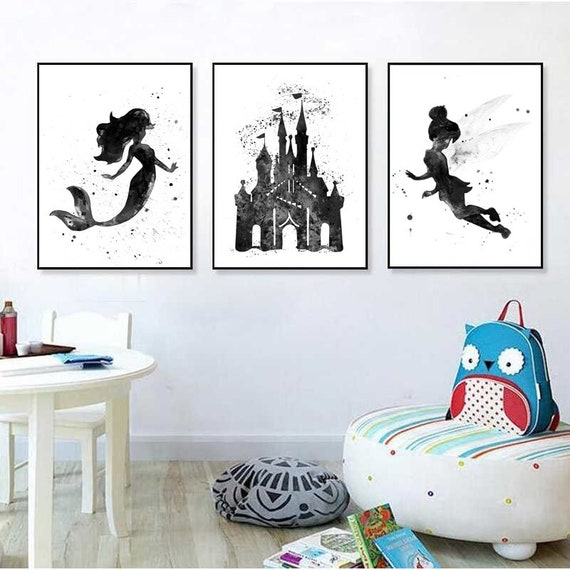 Disney Set of 3 Black and White Art Print Disney Watercolor Print