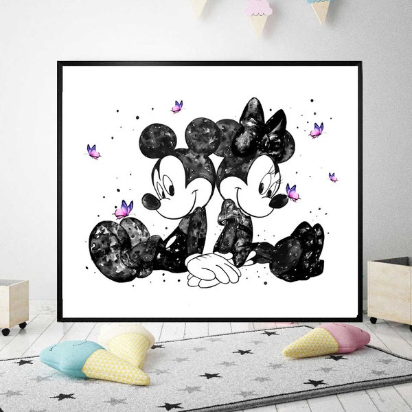 Mickey and Minnie Mouse Watercolor Print - Mickey and Minnie Mouse Art - Nursery - Art Gift - Disney Poster - Kids Art - Black and white Art