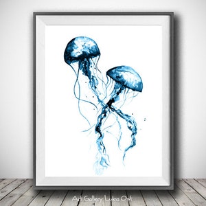 Blue Jellyfish watercolor painting - Jellyfish painting print - Sea jellyfish - Watercolor art - Sea world - Jellyfish print - Wall decor