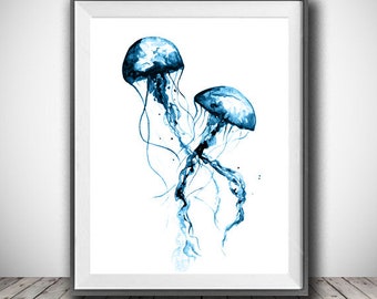 Blue Jellyfish watercolor painting - Jellyfish painting print - Sea jellyfish - Watercolor art - Sea world - Jellyfish print - Wall decor